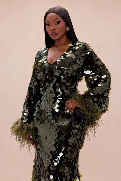 Lennox Feathered Sequin Maxi Dress - Olive