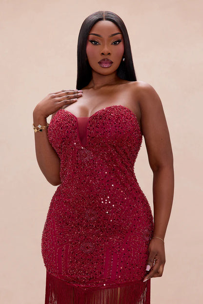 Francesca Fringe Trim Sequin Mini Dress - Burgundy