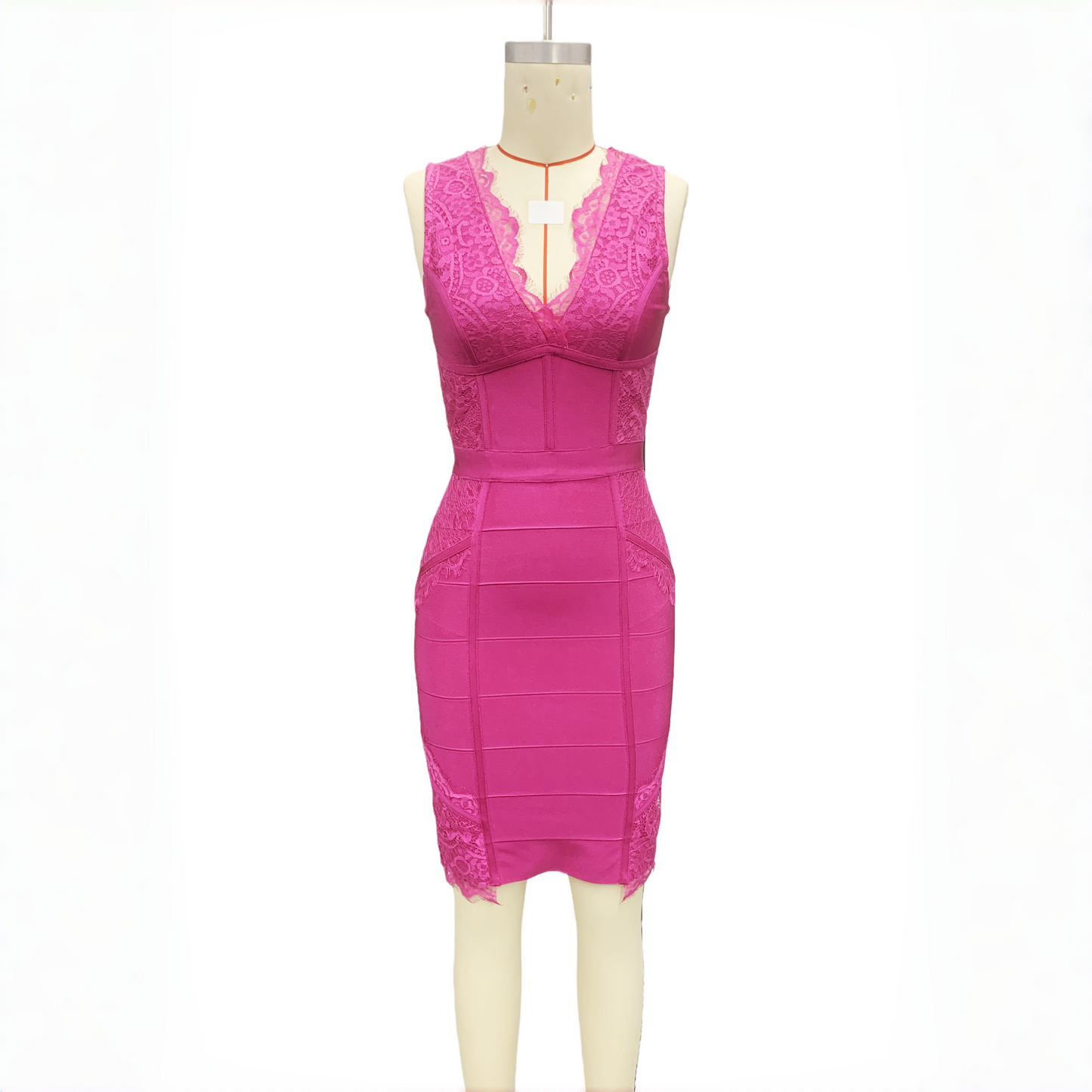 Pink Sleeveless Eyelash Lace Shimmer Bandage Dress