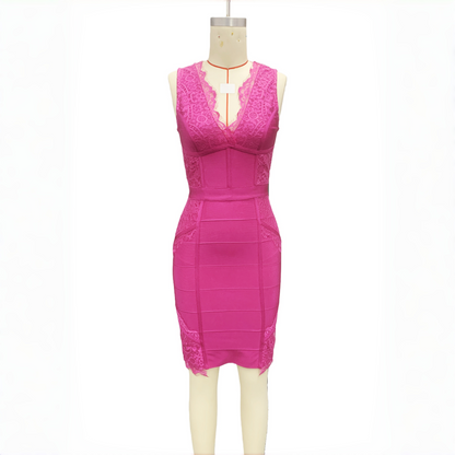 Pink Sleeveless Eyelash Lace Shimmer Bandage Dress