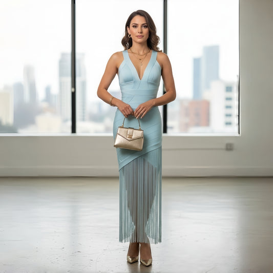 Mint Blue Spaghetti Strap V-Neck Tassel Bandage Dress