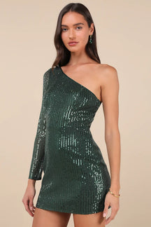 All Time Shine Emerald Sequin One-Shoulder Mini Dress