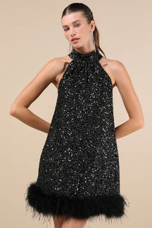 Magnetic Darling Shiny Black Sequin Feather Shift Mini Dress
