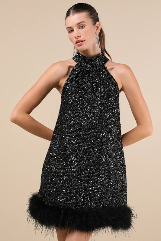 Magnetic Darling Shiny Black Sequin Feather Shift Mini Dress