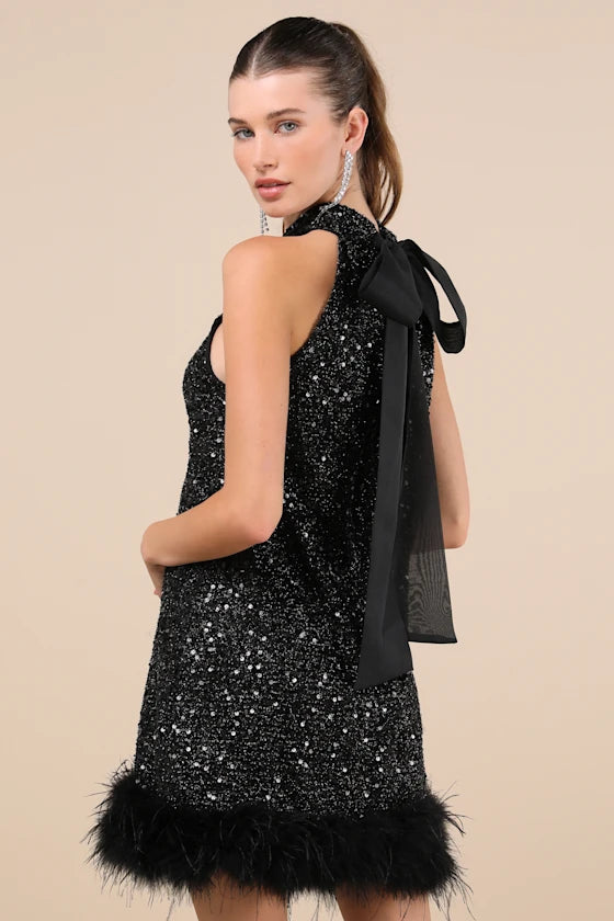 Magnetic Darling Shiny Black Sequin Feather Shift Mini Dress