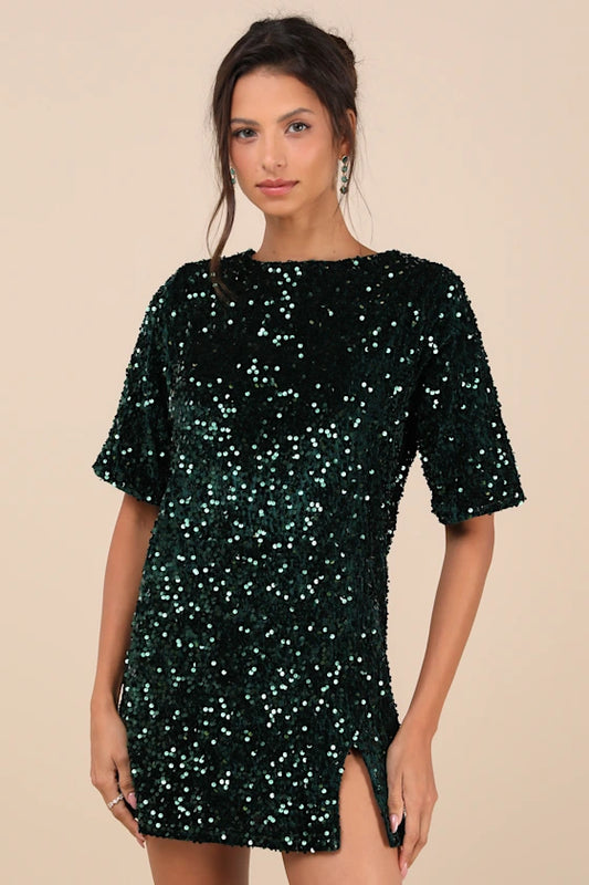 Marca Emerald Green Sequin Tie-Back Short Sleeve Shift Dress