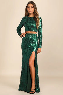 Luxe Aesthetic Green Sequin Long Sleeve Two-Piece Maxi Dress