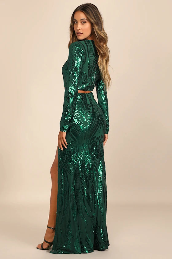 Luxe Aesthetic Green Sequin Long Sleeve Two-Piece Maxi Dress