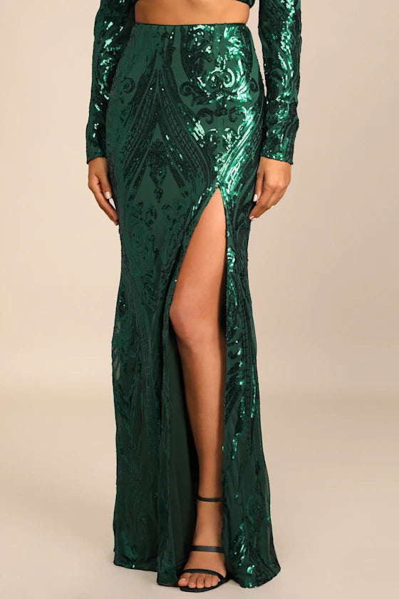 Luxe Aesthetic Green Sequin Long Sleeve Two-Piece Maxi Dress