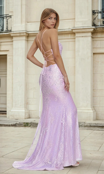 Backless Sequin Lilac Purple Long Prom Dress L430