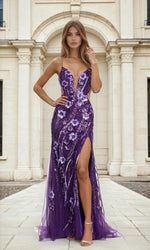 Floral Sequin-Print Long Purple Prom Dress L569