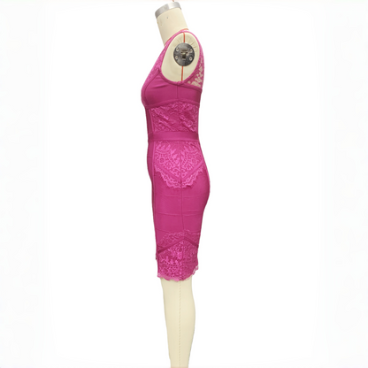 Pink Sleeveless Eyelash Lace Shimmer Bandage Dress