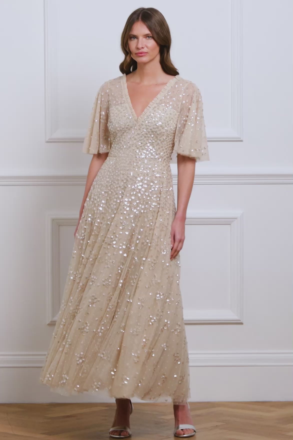 Leila Dot V-Neck Cape Ankle Gown