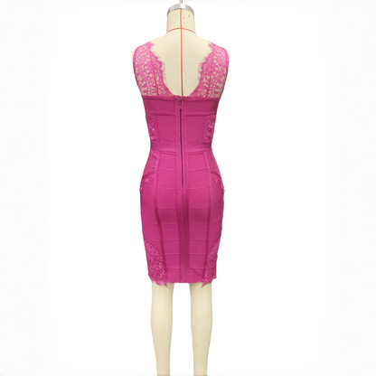 Pink Sleeveless Eyelash Lace Shimmer Bandage Dress