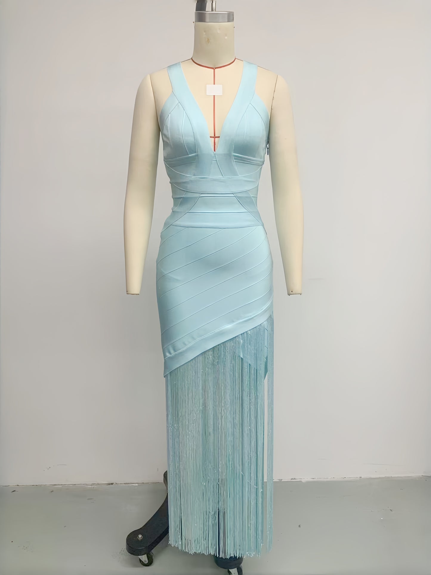 Mint Blue Spaghetti Strap V-Neck Tassel Bandage Dress
