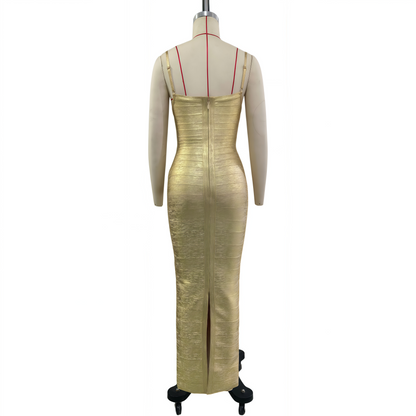 Rose Gold Striped Bandage Dress, Spaghetti Strap Sexy High Slit Party Gown