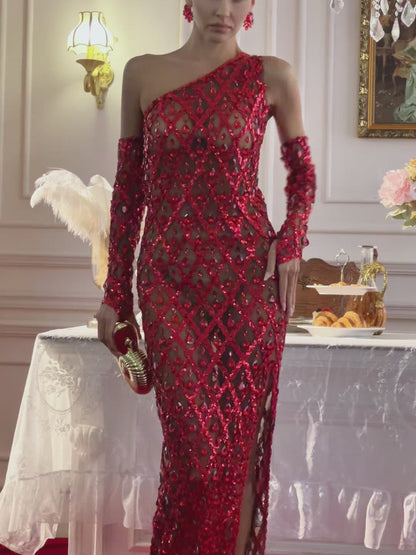 Liora One Shoulder Sequin Crystal Maxi Dress With Gloves In Red
