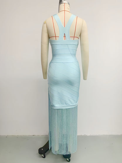 Mint Blue Spaghetti Strap V-Neck Tassel Bandage Dress