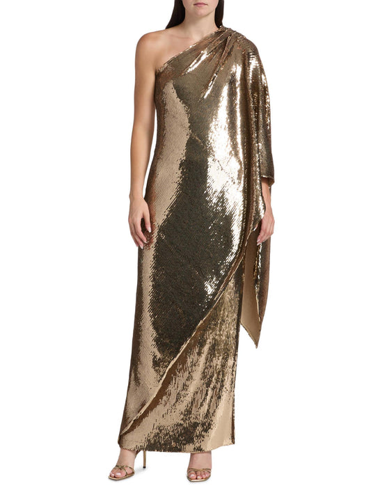 Sari Sequined One-Shoulder Gown