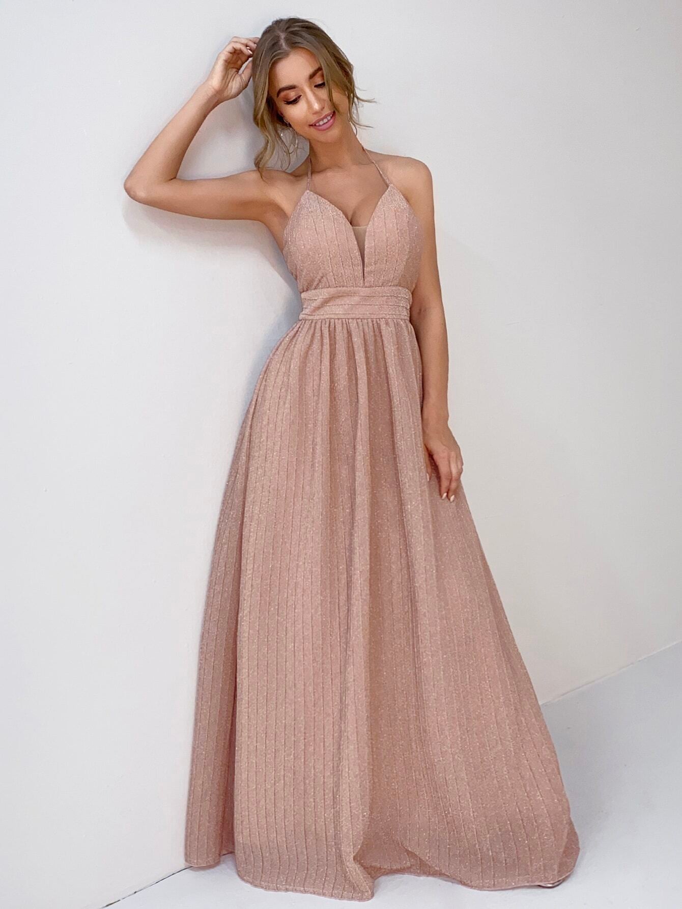 Halter Backless Zipper Back Metallic Cami Bridesmaid Dress