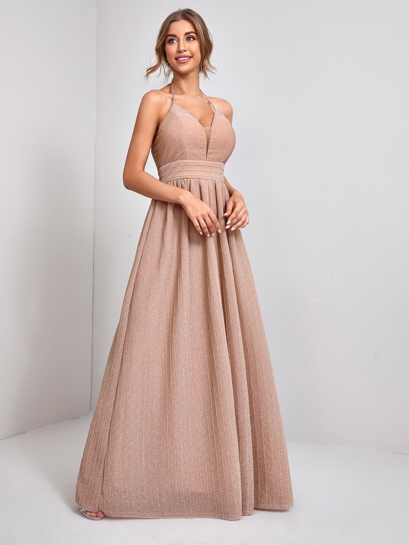 Halter Backless Zipper Back Metallic Cami Bridesmaid Dress