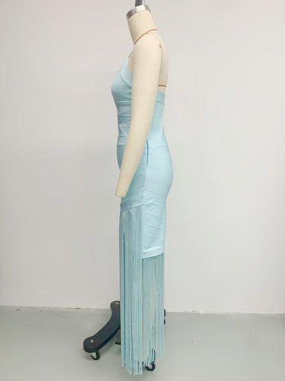 Mint Blue Spaghetti Strap V-Neck Tassel Bandage Dress