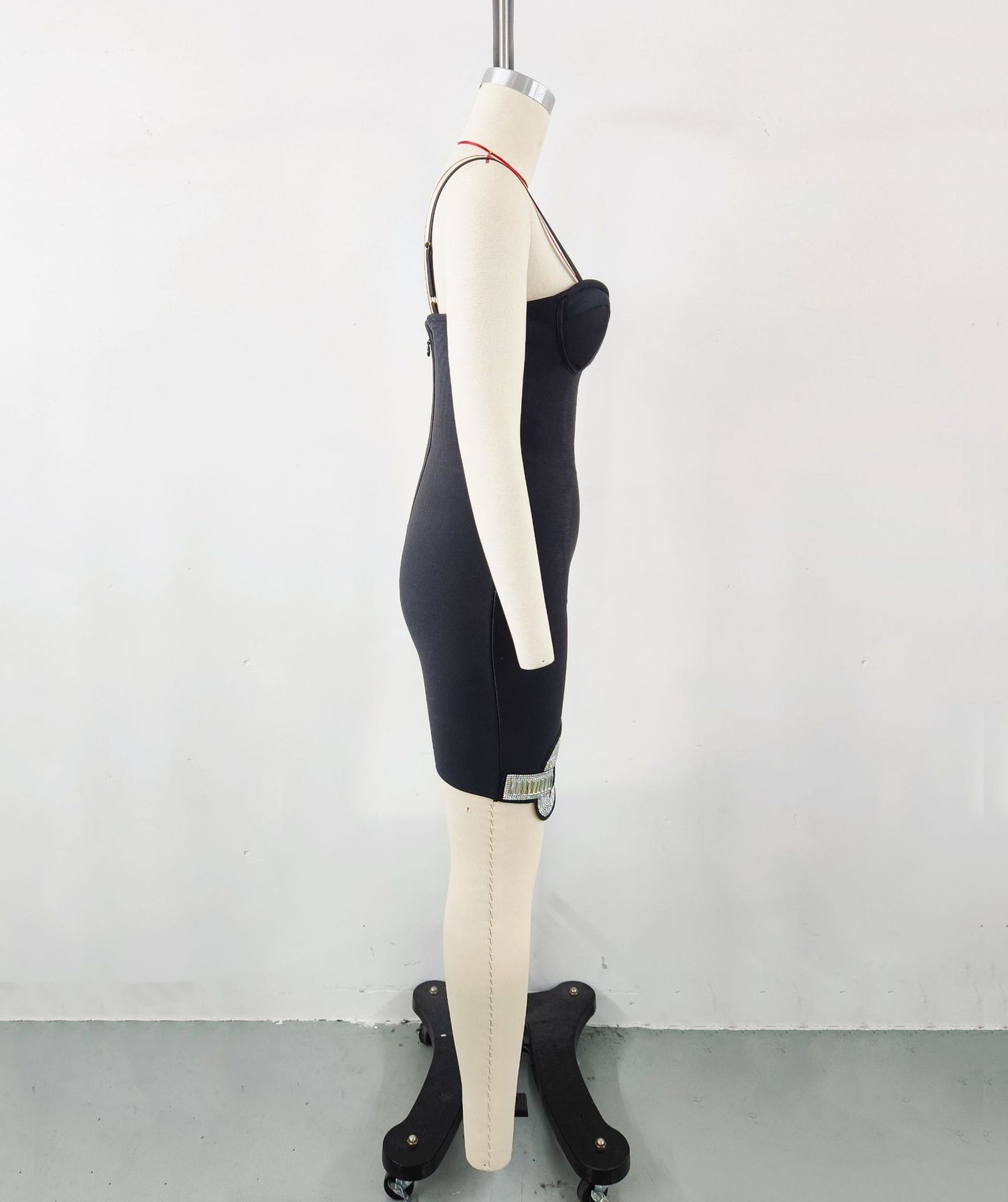 Black Spaghetti Strap Double Loop Rhinestone Bandage Dress