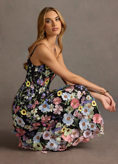 Nia Black And Multi Floral Midi Dress