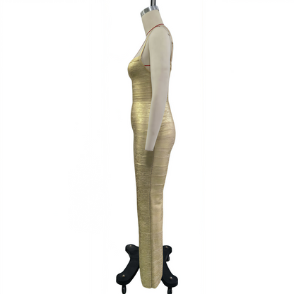 Rose Gold Striped Bandage Dress, Spaghetti Strap Sexy High Slit Party Gown