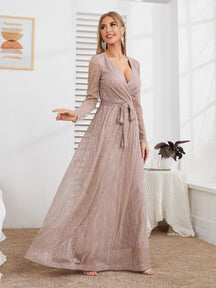 Glitter Surplice Plunging Belted Maxi Formal Dress, Prom Evening Gown, For Wedding Guest, Graduation, Dinner, Party Dress Spring