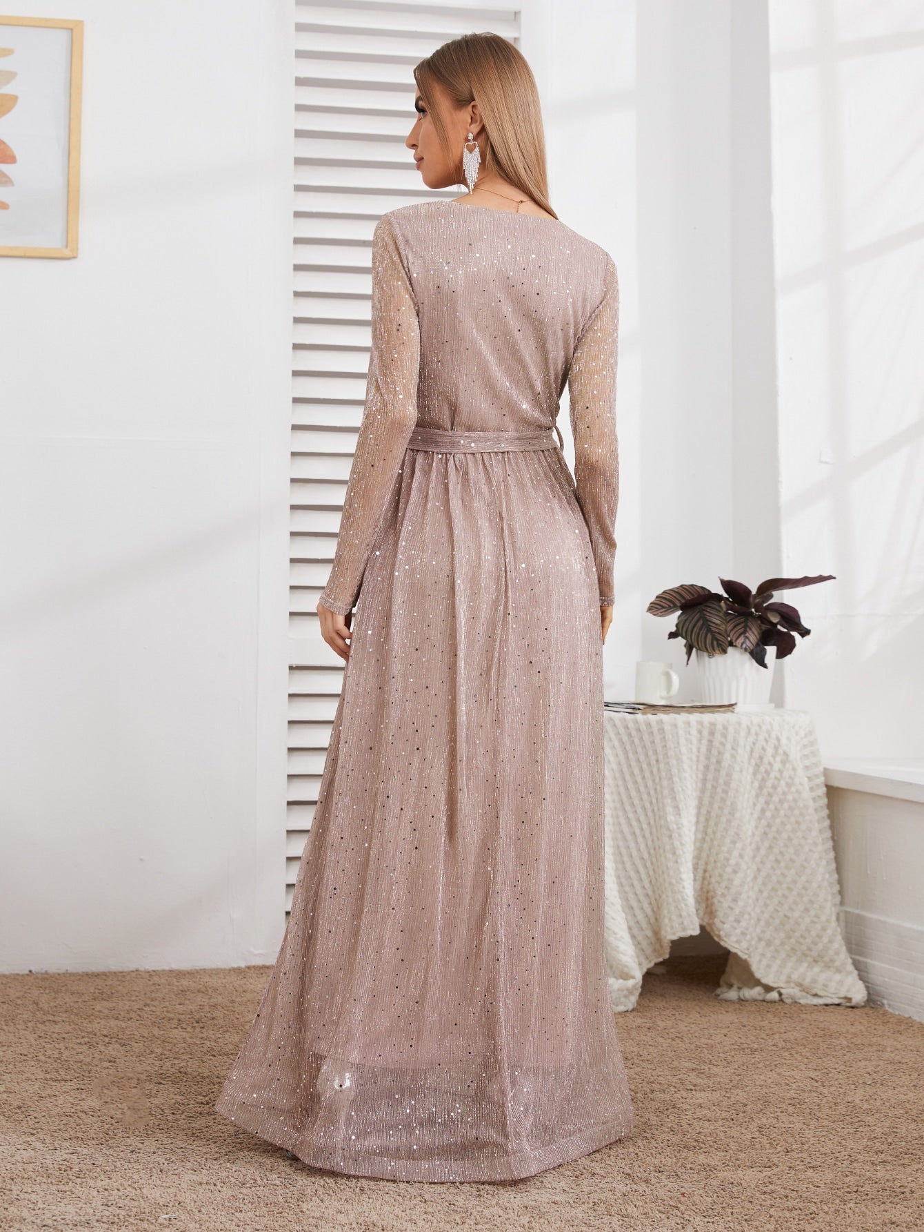 Glitter Surplice Plunging Belted Maxi Formal Dress, Prom Evening Gown, For Wedding Guest, Graduation, Dinner, Party Dress Spring