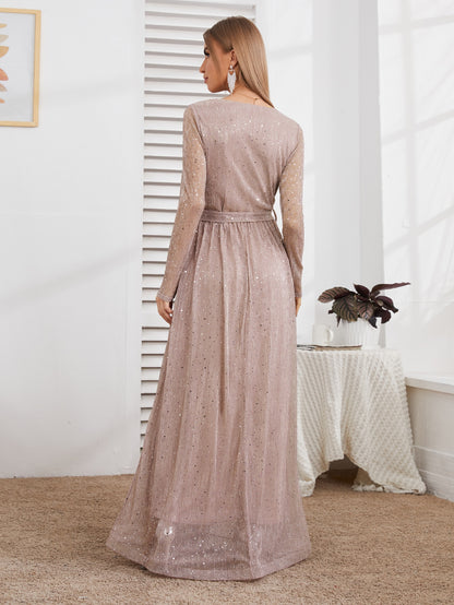 Glitter Surplice Plunging Belted Maxi Formal Dress, Prom Evening Gown, For Wedding Guest, Graduation, Dinner, Party Dress Spring