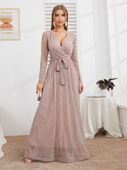 Glitter Surplice Plunging Belted Maxi Formal Dress, Prom Evening Gown, For Wedding Guest, Graduation, Dinner, Party Dress Spring