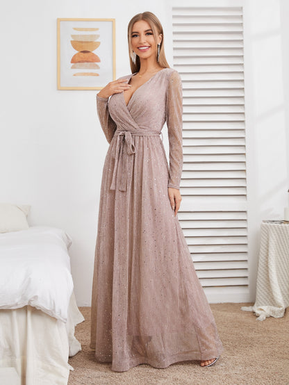 Glitter Surplice Plunging Belted Maxi Formal Dress, Prom Evening Gown, For Wedding Guest, Graduation, Dinner, Party Dress Spring