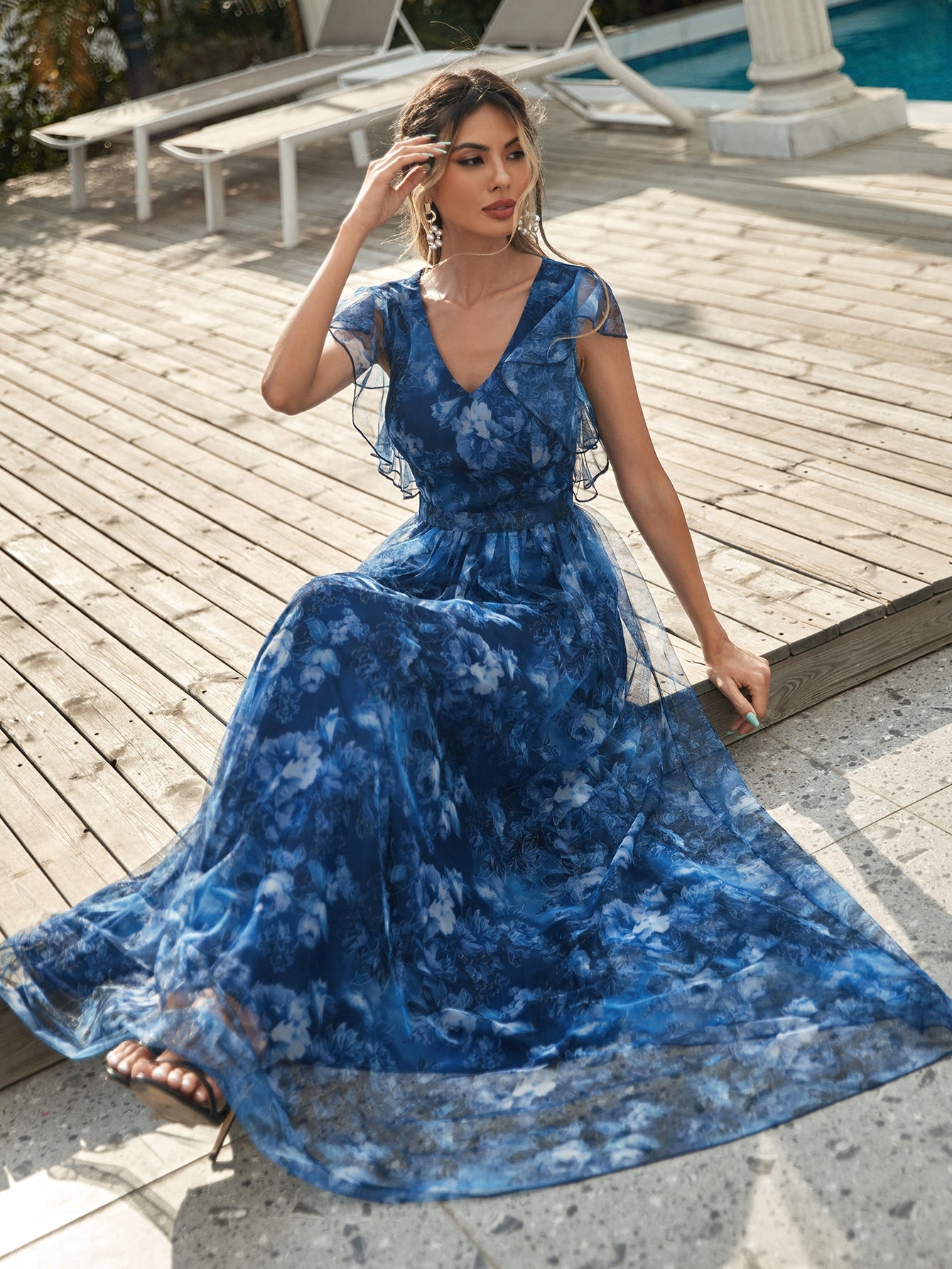 Floral Print Flutter Sleeve Mesh Dress Elegant Mother Of The Bride Dress Wedding Vacation Spring