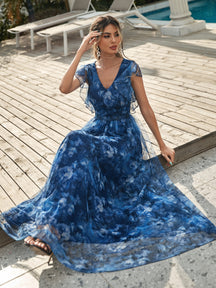 Floral Print Flutter Sleeve Mesh Dress Elegant Mother Of The Bride Dress Wedding Vacation Spring