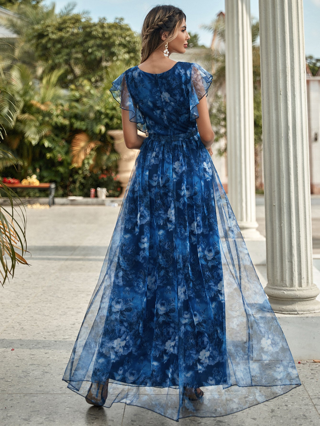 Floral Print Flutter Sleeve Mesh Dress Elegant Mother Of The Bride Dress Wedding Vacation Spring