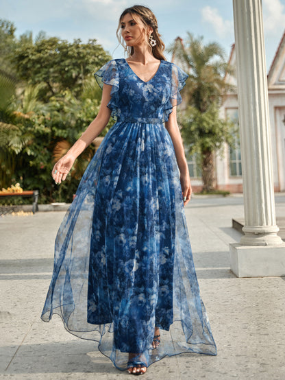 Floral Print Flutter Sleeve Mesh Dress Elegant Mother Of The Bride Dress Wedding Vacation Spring