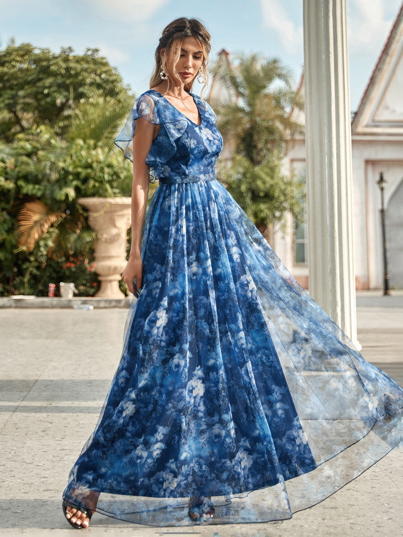 Floral Print Flutter Sleeve Mesh Dress Elegant Mother Of The Bride Dress Wedding Vacation Spring