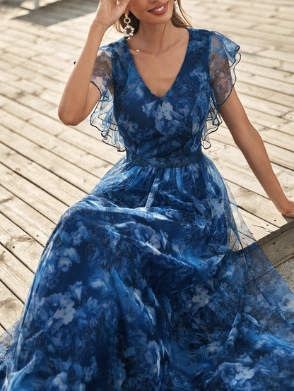 Floral Print Flutter Sleeve Mesh Dress Elegant Mother Of The Bride Dress Wedding Vacation Spring