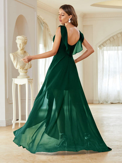 Asymmetrical Ruched Chiffon Elegant Bridesmaid Dress Wedding