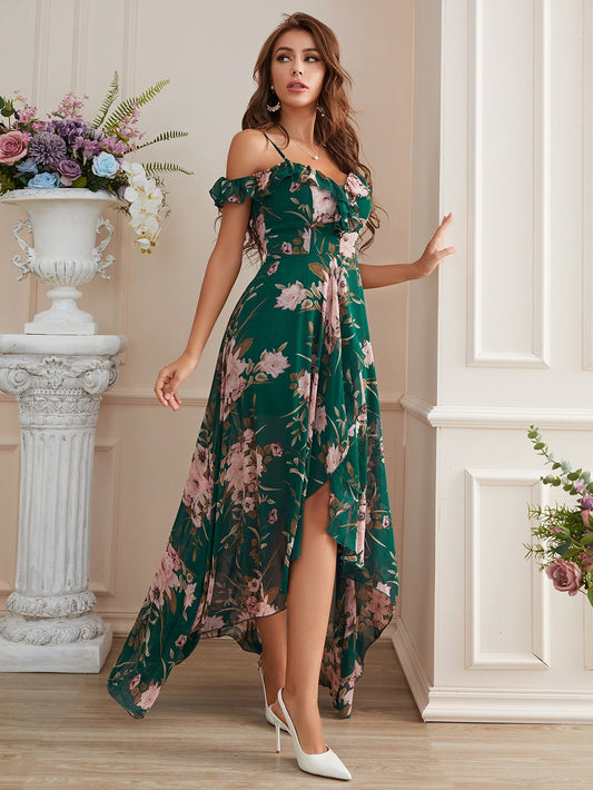 Cold Shoulder High Low Hem Allover Floral Dress Summer Vacation Elegant