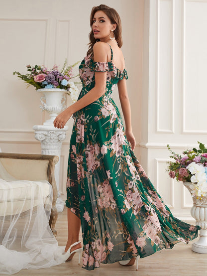 Cold Shoulder High Low Hem Allover Floral Dress Summer Vacation Elegant