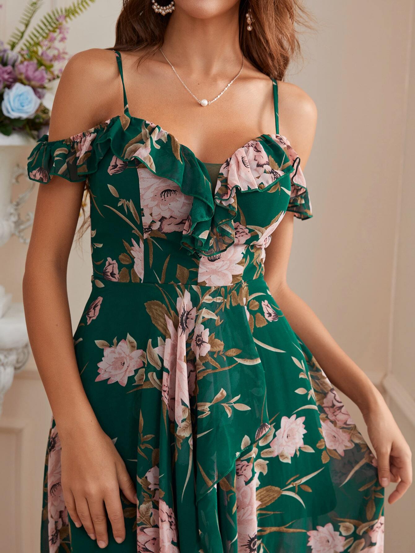 Cold Shoulder High Low Hem Allover Floral Dress Summer Vacation Elegant