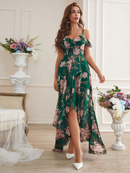 Cold Shoulder High Low Hem Allover Floral Dress Summer Vacation Elegant