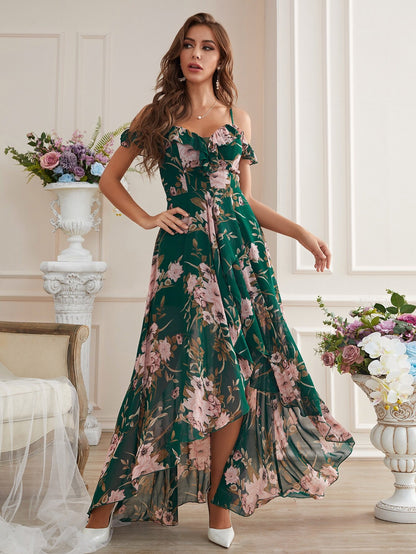 Cold Shoulder High Low Hem Allover Floral Dress Summer Vacation Elegant
