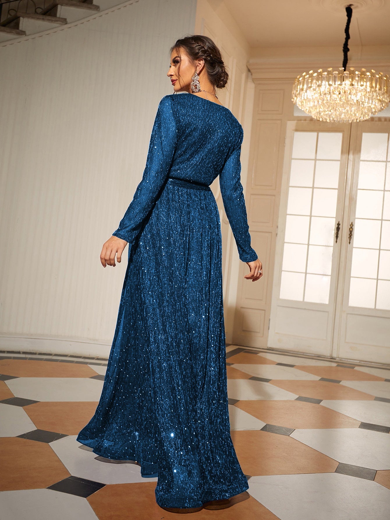 Glitter Surplice Plunging Belted Maxi Formal Dress, Prom Evening Gown, For Wedding Guest, Graduation, Dinner, Party Dress Spring