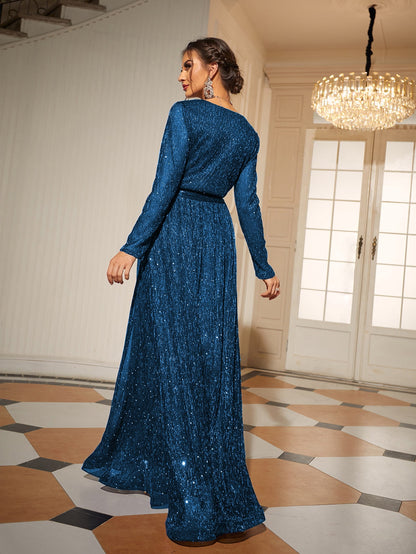 Glitter Surplice Plunging Belted Maxi Formal Dress, Prom Evening Gown, For Wedding Guest, Graduation, Dinner, Party Dress Spring