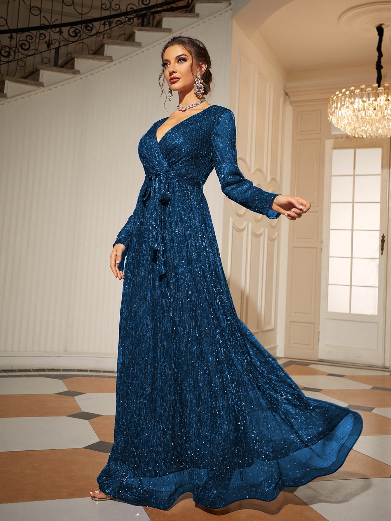 Glitter Surplice Plunging Belted Maxi Formal Dress, Prom Evening Gown, For Wedding Guest, Graduation, Dinner, Party Dress Spring