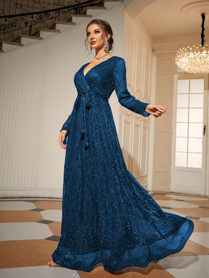 Glitter Surplice Plunging Belted Maxi Formal Dress, Prom Evening Gown, For Wedding Guest, Graduation, Dinner, Party Dress Spring
